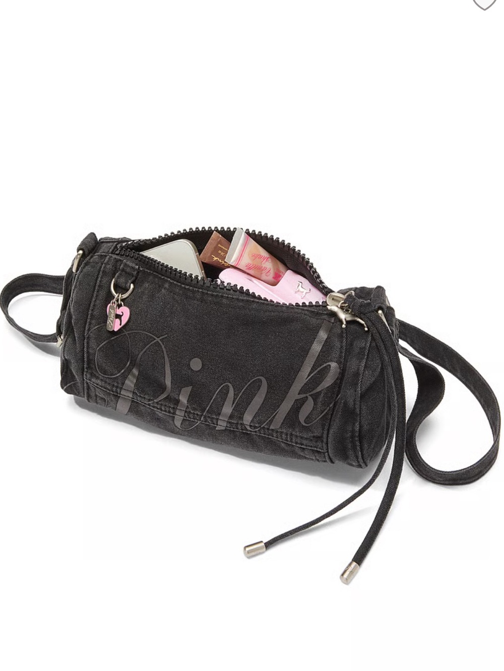 PINK Victoria's Secret Black Barrel Crossbody Bag with Pink Charm